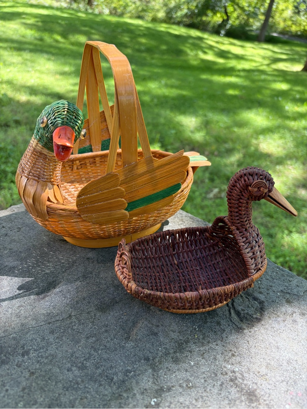 (2) Vtg Shanghai Handicrafts Hen Basket Wicker Rattan Farmhouse Rustic W/Handles